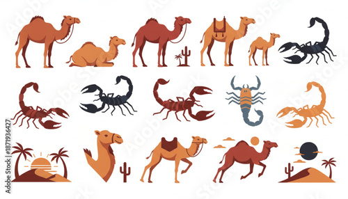 Collection of Desert Animals and Camels in Various Poses.