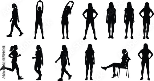 Silhouettes of active women in various poses including walking running stretching and sitting isolated on a clean white background for design