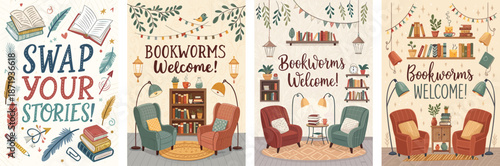 Creative book fair poster designs for bookworms with cozy reading nooks and decorative elements