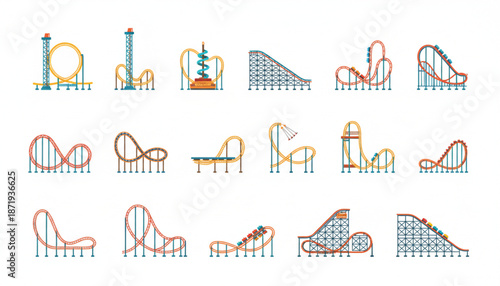 Collection of various roller coaster designs and layouts for theme parks and amusement centers.