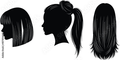 Silhouettes of female heads with different hairstyles including bob cut ponytail and long hair isolated on a clean white background