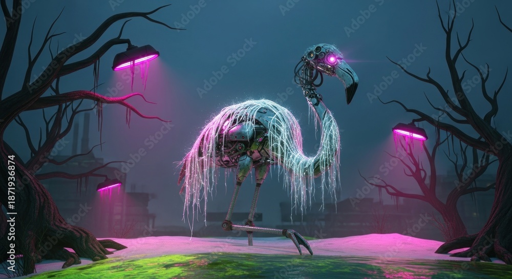 Obraz premium Surreal Flamingo in Dark Fantasy Landscape.