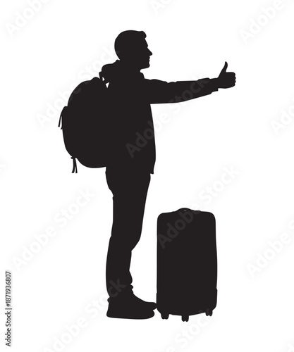 Silhouette of a man with backpack and suitcase hitchhiking with a thumbs up gesture.