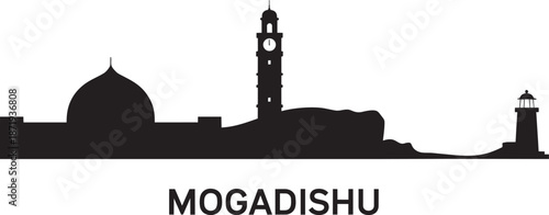 Mogadishu skyline silhouette vector featuring lighthouse and mosque architecture for branding
