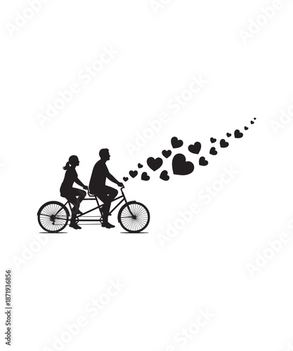 Couple riding a tandem bicycle with hearts trailing behind, symbolizing love and romance.