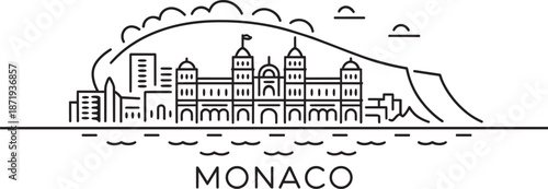 Monaco famous resort city skyline vector line drawing architecture travel panorama outline luxury illustration