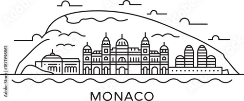 Monaco city skyline vector line drawing famous buildings architecture travel panorama outline resort illustration