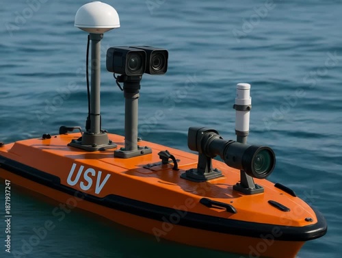 This autonomous orange USV navigates calm blue waters. It carries advanced sensors for marine observation and data collection.