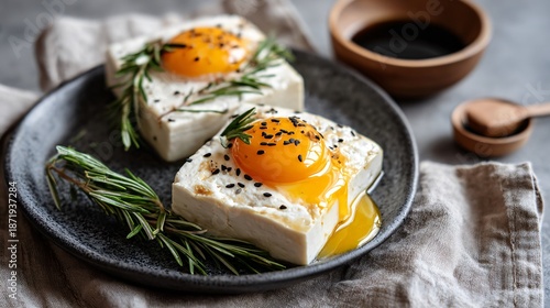 Wallpaper Mural Protein breakfast inspired by Japanese minimal cuisine, tofu and egg, clean lines Torontodigital.ca