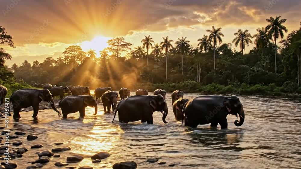 custom made wallpaper toronto digitalMajestic Elephants Cooling Off in Tranquil River at Sunset in Lush Tropical Forest