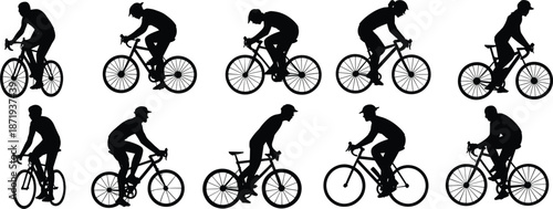 Assortment of cyclist silhouettes in different riding stances on white background bicycle bike