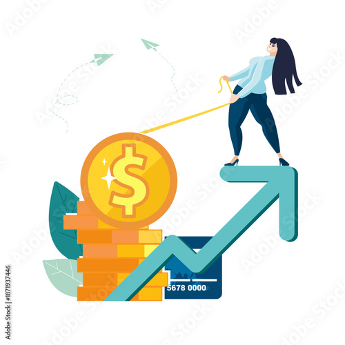 Business lady pulls golden dollar cent, penny on green arrow up accumulation of funds on card for payment. Work hard, money profit, get financial investment Business income, people Vector illustration