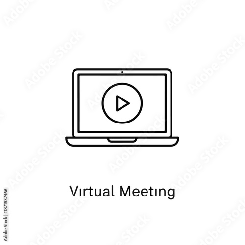 Simple black and white line icon representing a laptop computer screen displaying a prominent play button for initiating online video playback or virtual meeting connection.