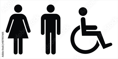 Black icons of female male and disabled person for restroom on white background toilet gender