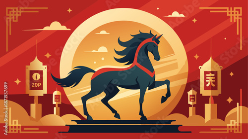 Vibrant horse illustration in oriental setting Vector, illustration
