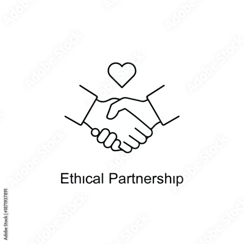 Simple black and white line art icon illustrating an ethical partnership symbolized by a firm handshake with a delicate heart shape floating gently above the joined hands.