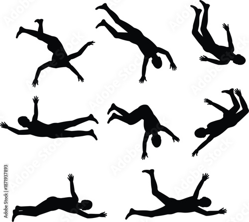 Collection of black silhouettes of a person performing various acrobatic and dynamic poses on white background