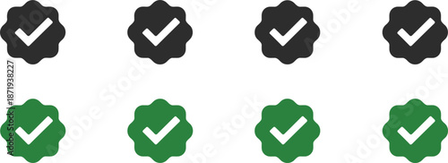 Collection of eight verified checkmark icons in black and green on a white background symbol sign