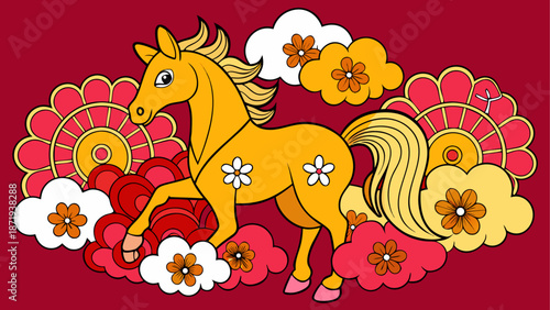 Vibrant horse surrounded by flowers Vector, illustration