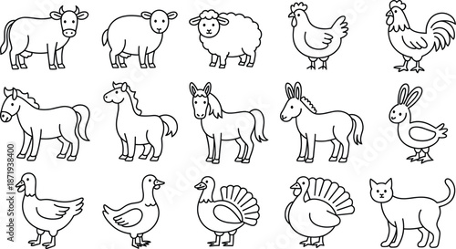 Collection of fifteen farm animal illustrations in black and white line art on a white background drawing