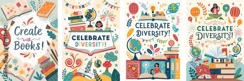 Creative diverse book fair posters celebrating reading and imagination for all