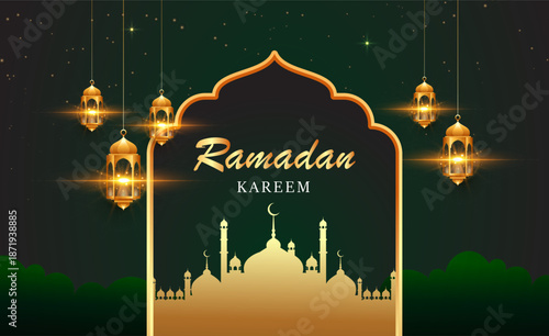 Ramadan Kareem Background with Glowing Lanterns and Mosque Silhouette, Islamic Holy Month Celebration Illustration