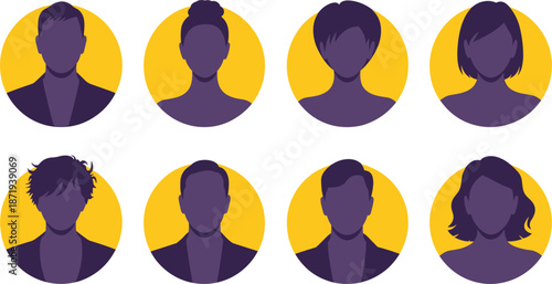 Diverse set of purple silhouette avatar icons on yellow circles people profile