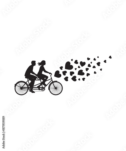 Silhouette of a couple riding a tandem bicycle with hearts flying behind them.