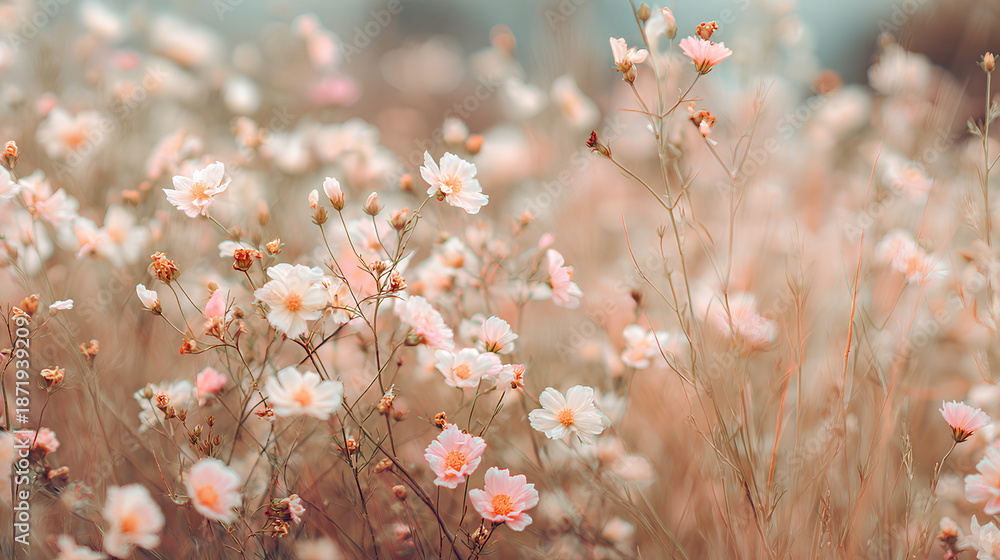 Naklejka premium Soft wildflower field with delicate peach and ivory blossoms among tall grasses in open meadow evoking dreamy vintage romantic nostalgia 