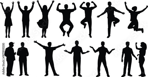 Diverse Silhouettes of People in Various Poses and Actions Keywords: silhouette, people, group, standing, jumping, arms raised