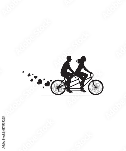 Couple riding a tandem bicycle with hearts trailing behind, symbolizing love and romance.