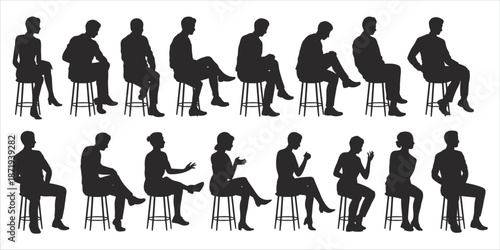 Diverse Silhouettes of People Sitting on Stools in Two Rows woman