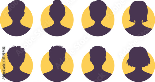 Eight purple avatar silhouettes with yellow circles on white background profile icon