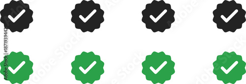 Eight verified checkmark icons in black and green arranged in two rows on a white background symbol sign