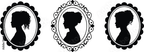 Elegant Black Silhouette Portraits of Women in Ornate Frames vintage oval