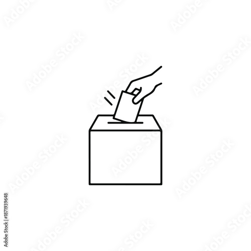 A simple line art illustration of a hand casting a ballot into a ballot box