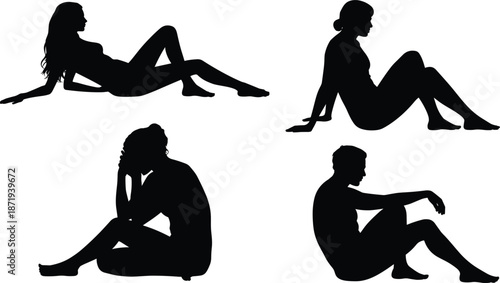 Four diverse people in seated reclining and thoughtful poses as black silhouettes sitting posing