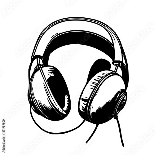 Quiet comfort illustrated in minimal black line art of noise‑canceling earmuffs on white background, vector graphic for modern audio gear branding