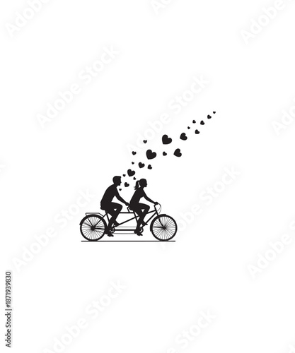 Couple riding a tandem bicycle with hearts floating upwards, symbolizing love and romance.