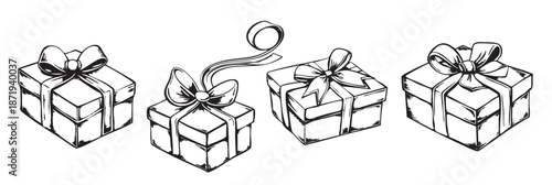 four gift boxes with bows and ribbons 