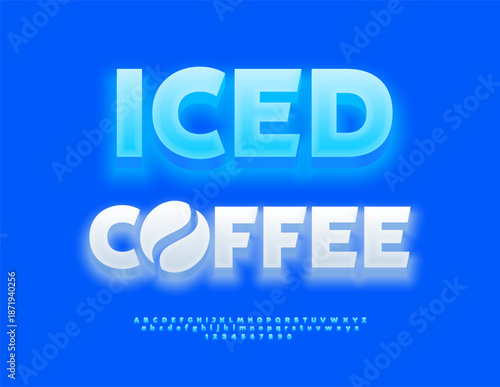 Vector Advertising poster Iced Coffee. Trendy Blue Font. Set of Glowing Alphabet Letters, Numbers and Symbols