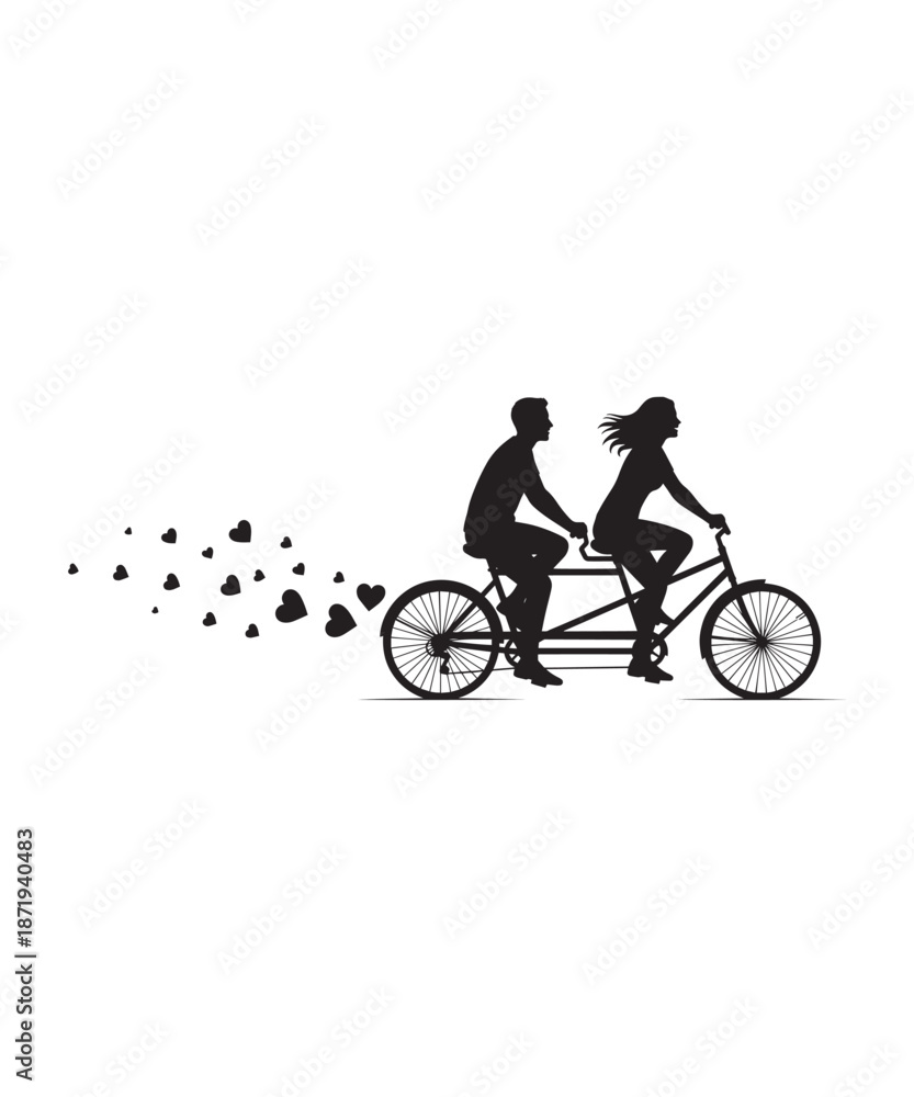 Obraz premium Silhouette of a couple riding a tandem bicycle with hearts, symbolizing love and romance.