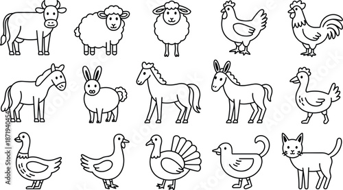 Outline Illustrations Of Farm Animals And Pets On White Background Keywords: farm, animal, pet, illustration, outline, drawing