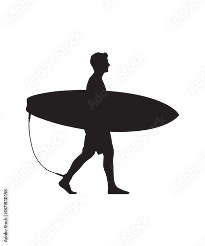 Silhouette of a surfer carrying a surfboard, representing surfing, ocean sports, and active lifestyle.