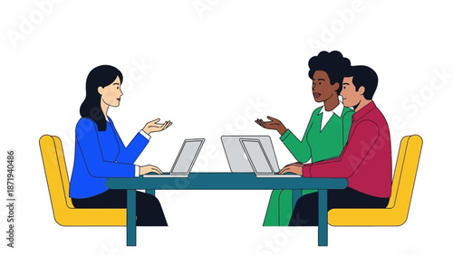 Three People Discussing on Laptops at Table.