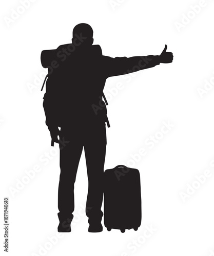 Silhouette of a male backpacker hitchhiking with a suitcase, indicating travel and adventure.