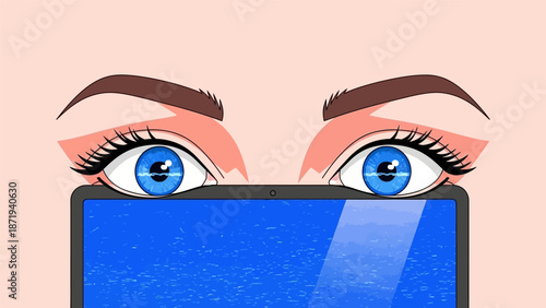 Woman Eyes Peeking Over Digital Screen.