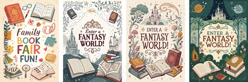 Fantasy book fair posters featuring magical elements and enchanting book stacks celebrating literature