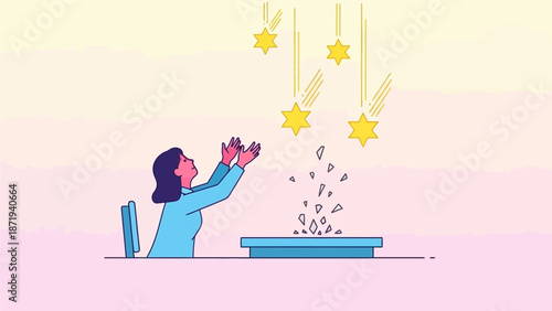 Woman Reaching for Floating Stars Illustration.
