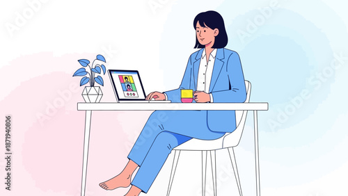 Woman Working on Laptop at Desk.